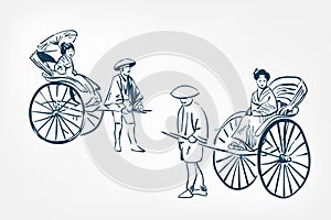 Japanese rickshaw traditional sketch vector illustration ink design elements
