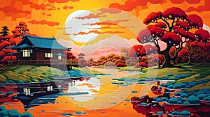 Japanese rural scenery oil painting landscape