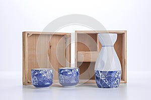 Japanese sake set with two cups and bottle