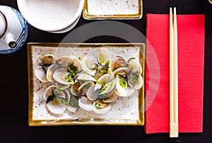 Japanese sake steamed clams with ginger and green onions