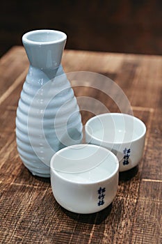 Japanese Sake Traditional Alcoholic Dring Set with Two Full Cups
