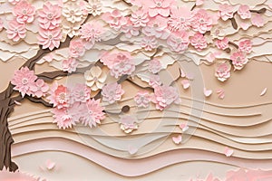 Japanese sakura garden in spring features paper-cut craft, cherry blossoms tree, with beige and pink monochrome palette
