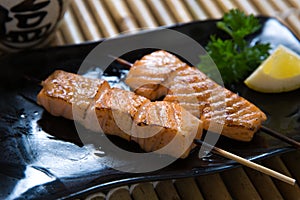 Japanese Salmon Kushiyaki, Skewered and Grilled Meat