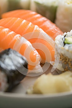 Japanese salmon Nigiri on sushi mix plate