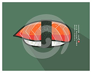 Japanese Salmon Nigiri Sushi. Rice with fresh fish and nori seaweed. Icon with English text like of Japanese characters.