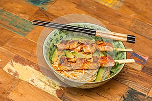 Japanese salmon yakitori with noodles