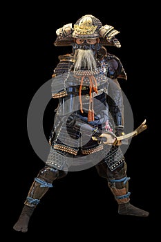 Japanese Samurai in armor standing isolated on white background. Traditional japan warrior armour