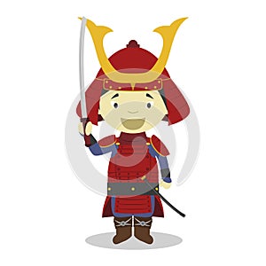 Japanese samurai cartoon character. Vector Illustration.