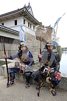 Japanese samurai clothing uniform with old rifle