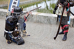 Japanese samurai clothing uniform with old rifle