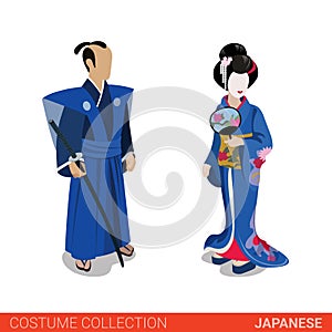 Japanese Samurai Geisha couple flat 3d isometric costume