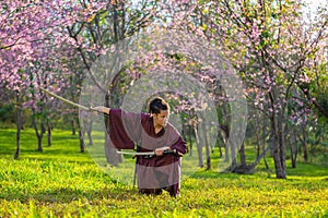 The Japanese samurai are gripping the sword, preparing to fight photo