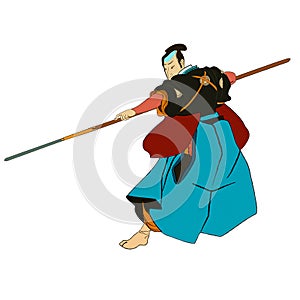 Japanese samurai hero ukio-e drawing isolated on white vector illustration. Japanese warrior with spear.