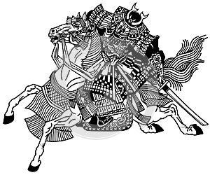 japanese samurai on horseback. Black and white