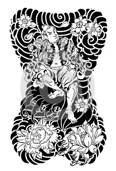 Japanese Samurai with leaf and dragon tattoo full body.Hand drawn Traditional Japanese men vector.