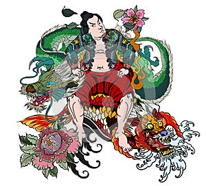 Japanese Samurai with leaf and dragon tattoo full body.Hand drawn Traditional Japanese men vector.