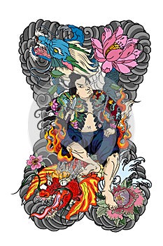 Japanese Samurai with leaf and dragon tattoo full body.Hand drawn Traditional Japanese men vector.