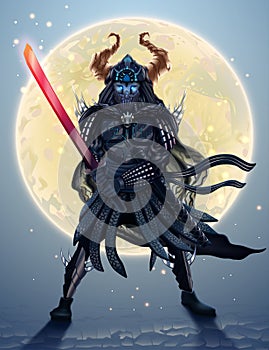 Japanese samurai silhouette over moon, fantasy warrior with flaming sword in dark armor. Asian fighter, dangerous ninja battle