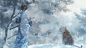 Japanese Samurai and tiger art