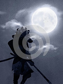 A Japanese Samurai Under The Moonlight