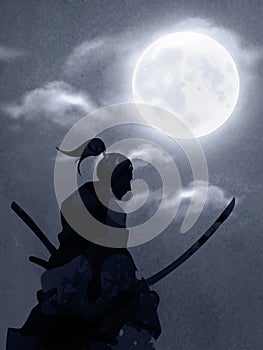 A Japanese Samurai Under The Moonlight