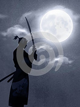 A Japanese Samurai Under The Moonlight