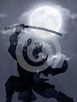 A Japanese Samurai Under The Moonlight
