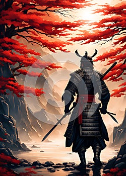 Japanese Samurai warrior in the beautiful nature of Japan