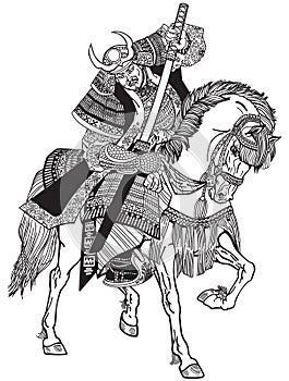 A Japanese samurai warrior. Black and white
