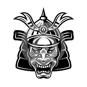 Japanese samurai warrior mask in helmet vector monochrome illustration isolated on white background