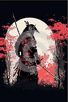 Japanese samurai warrior. Mighty ninja with swords. Cool poster of asian fighter with katana