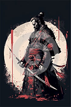 Japanese samurai warrior. Mighty ninja with swords. Cool poster of asian fighter with katana