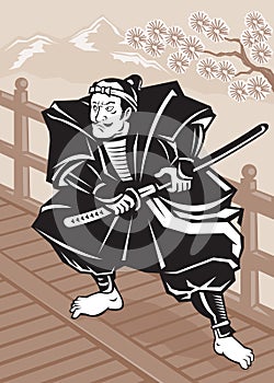 Japanese Samurai warrior sword on bridge