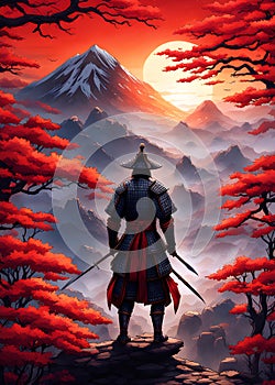 Japanese Samurai warrior watching the stunning sunset