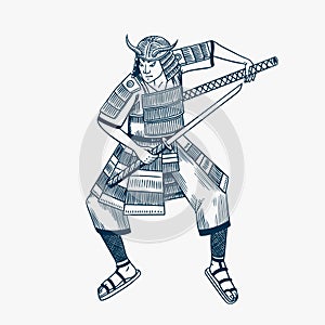 Japanese samurai warriors with weapons sketch. Men in a fight pose in armor. Hand drawn vintage sketches. Vector