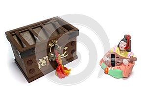 Japanese Saraswati and offertory box in the white photo