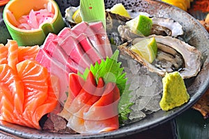 Assorted Japanese salmon sashimi oyster platter