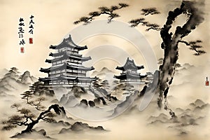 Japanese Semi-e Style Temple Scroll Art photo