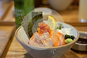 Japanese seafood donburi, photographed in Fukuoka, Japan