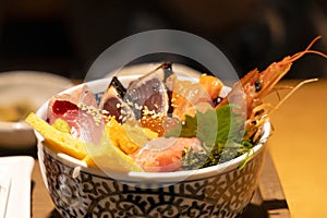 Japanese seafood donburi, photographed in Fukuoka, Japan