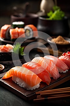 japanese seafood meal roll japan food set fish rice sushi. Generative AI.