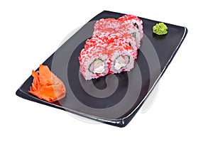 Japanese seafood Sushi roll isolated on white close up. Japanese food restaurant, sushi maki gunkan roll plate or