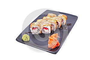 Japanese seafood Sushi roll isolated on white close up. Japanese food restaurant, sushi maki gunkan roll plate or