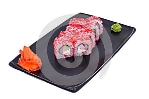 Japanese seafood Sushi roll isolated on white close up. Japanese food restaurant, sushi maki gunkan roll plate or