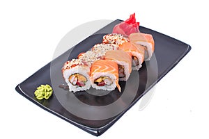 Japanese seafood Sushi roll  on white close up. Japanese food restaurant, sushi maki gunkan roll plate or