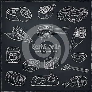 Japanese seafood sushi rolls with salmon, smoked eel, selective food vector.