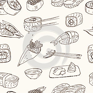 Japanese seafood sushi rolls with salmon, smoked eel, selective food vector seamless pattern