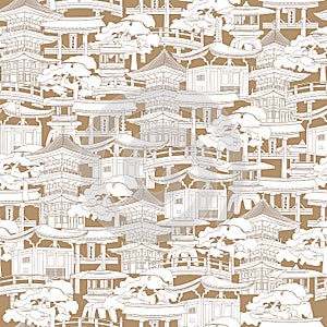 Japanese seamless pattern. Contour houses, pagodas and torii on a brown background. Vector endless print for fabric, textile,