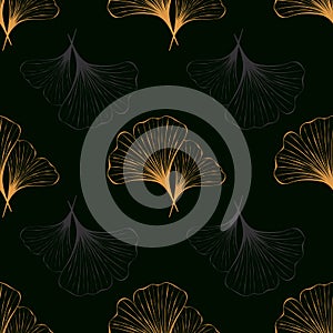 Japanese seamless pattern with Ginkgo leaves on black background.