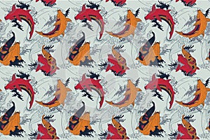Japanese seamless pattern with golden and red carps